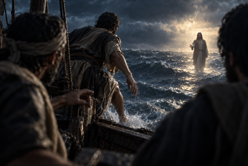 Peter stepping out of the boat toward Jesus standing on the water